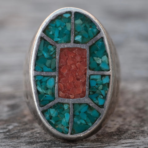 Vintage Sterling Crushed Turquoise and Coral Inlay Ring 7.75