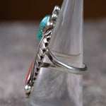 Vintage Sterling Turquoise and Coral Feather Ring 7.75