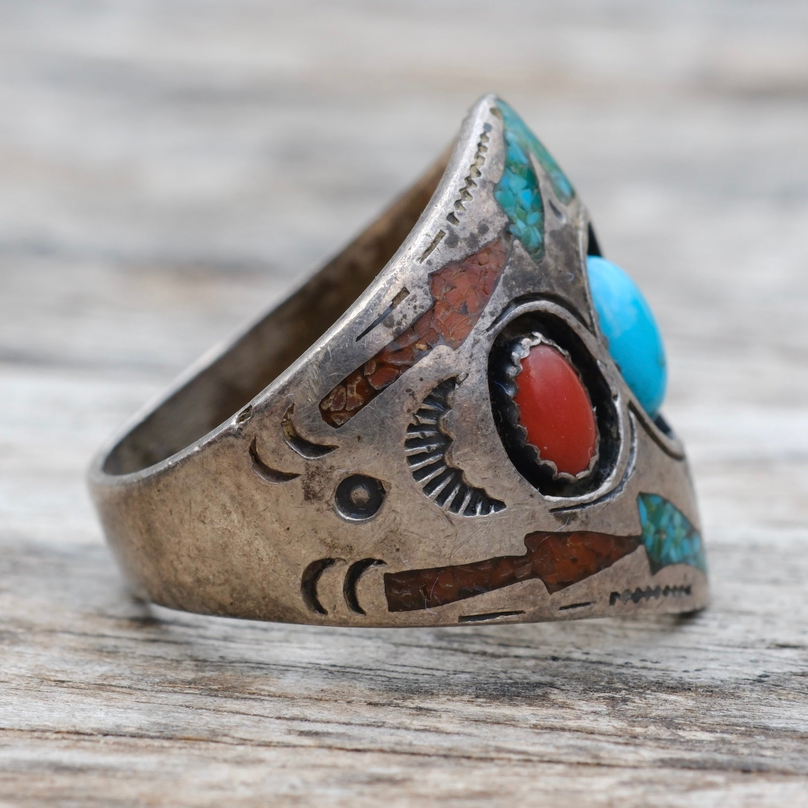 Vintage Sterling Turquoise and Coral Inlay Ring 10.5