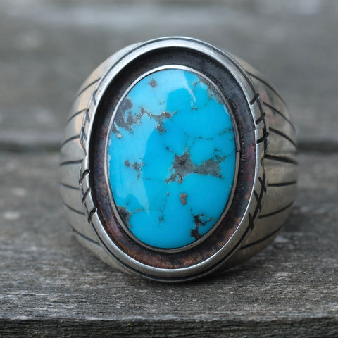 Vintage Sterling Turquoise Ribbed Band Ring 9