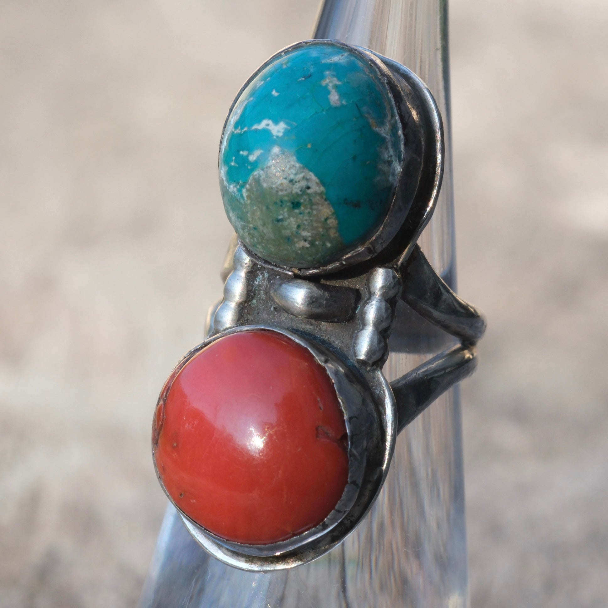 Vintage Sterling Turquoise and Coral Ring 3.5