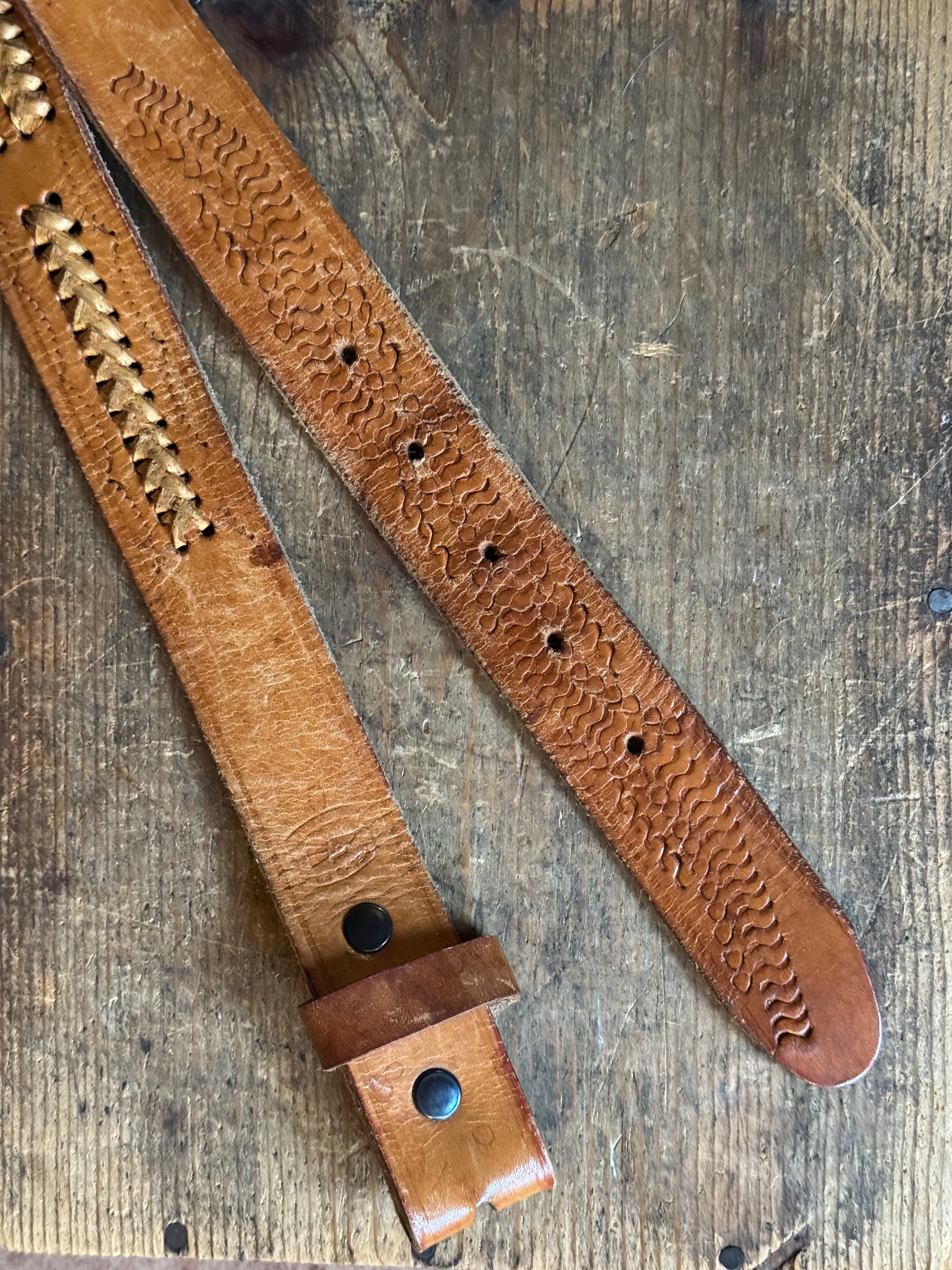 Vintage Stamped Laced Brown Leather Belt
