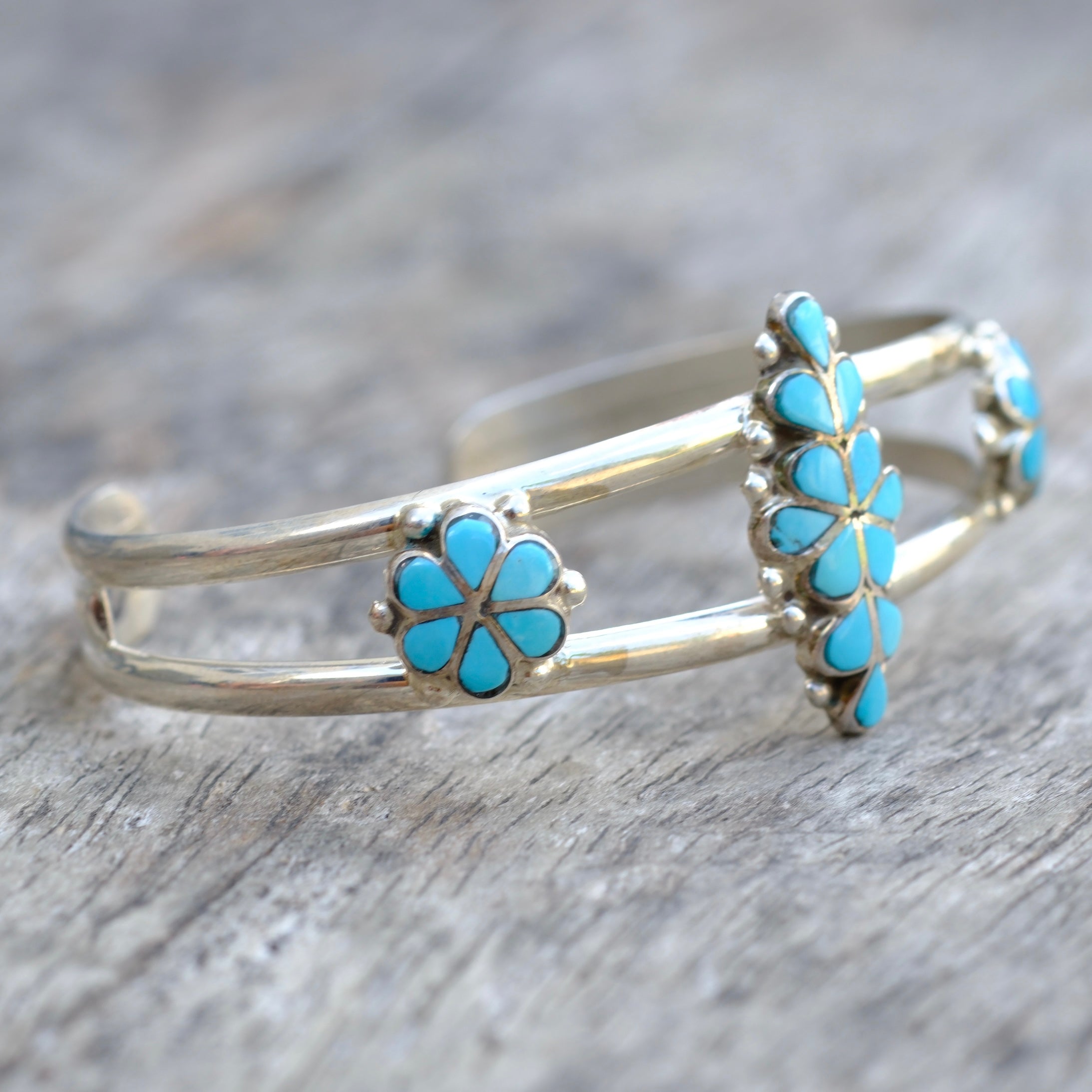 Vintage Sterling Turquoise Flower Inlay Cuff Bracelet