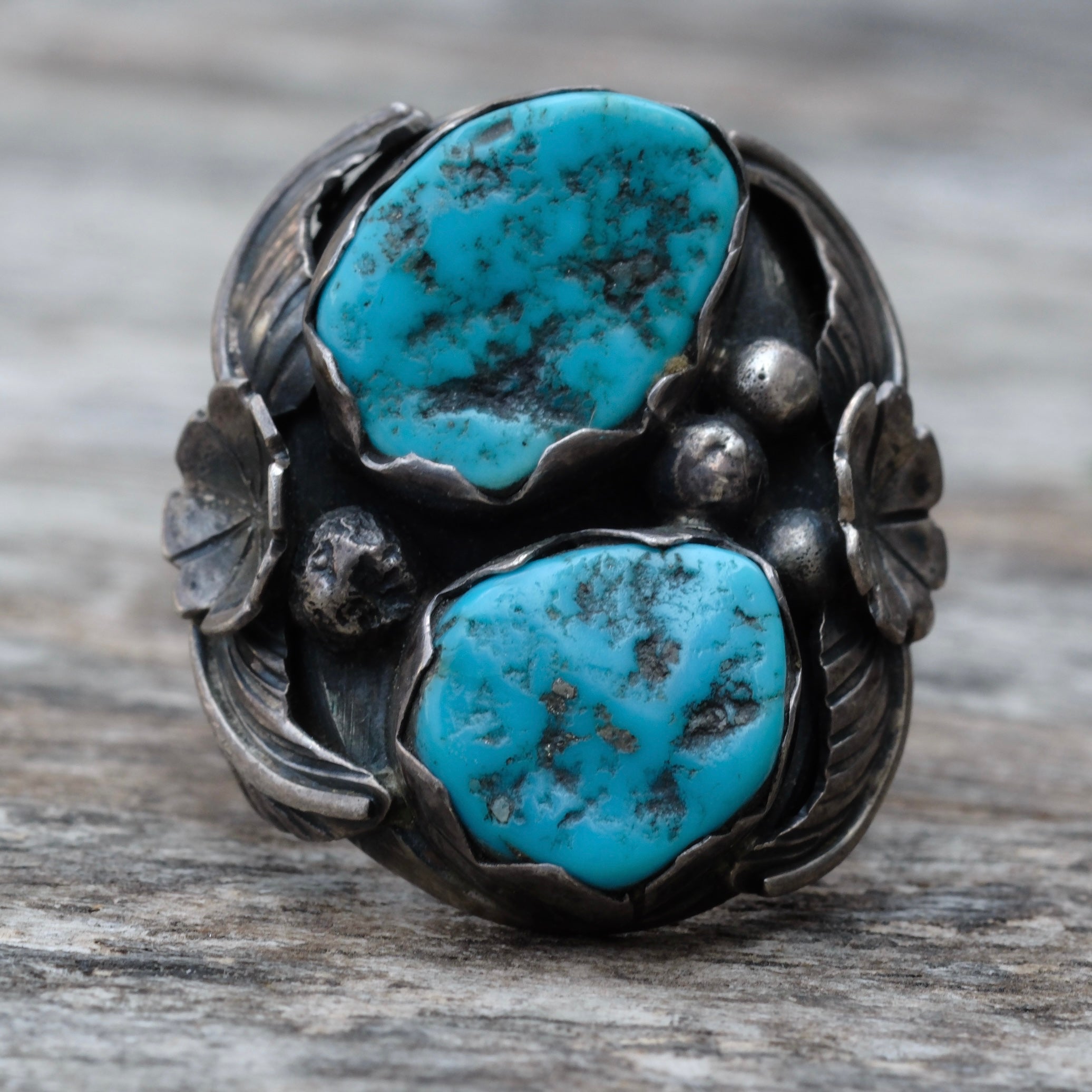 Vintage Sterling 2-Stone Turquoise Feather Ring 11