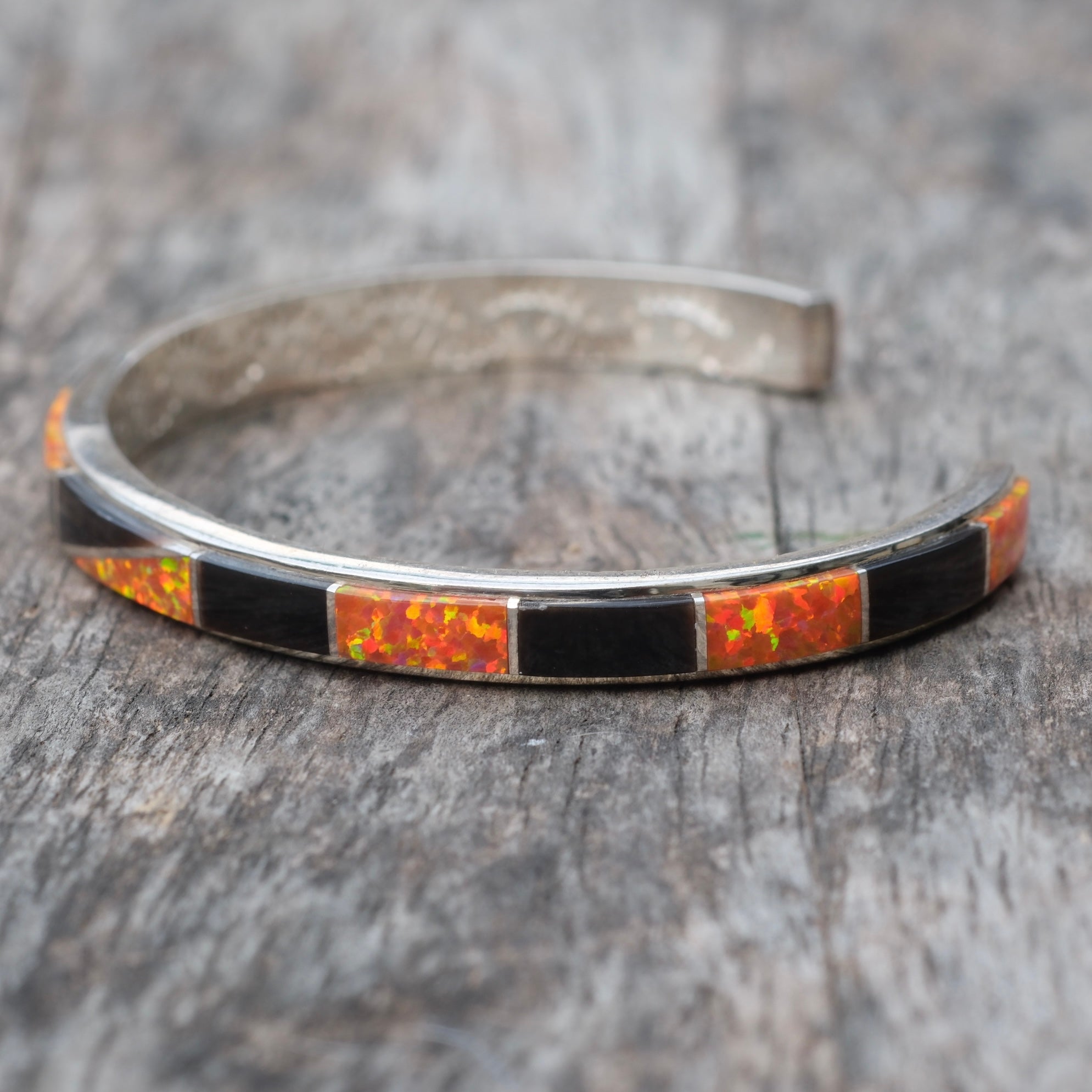 Vintage Sterling Opalite and Black Resin Inlay Cuff Bracelet