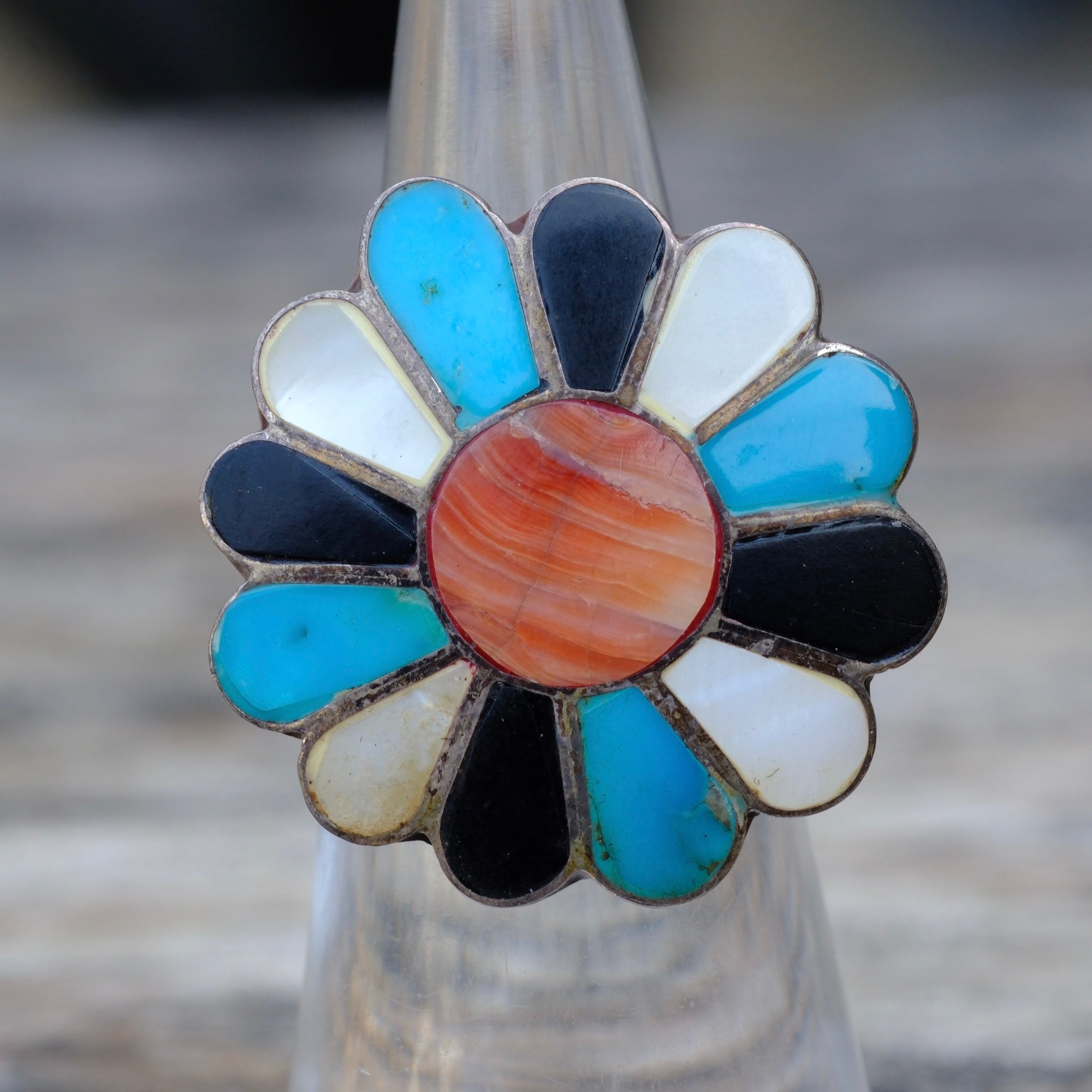 Vintage Sterling Multi Stone Inlay Flower Ring 5