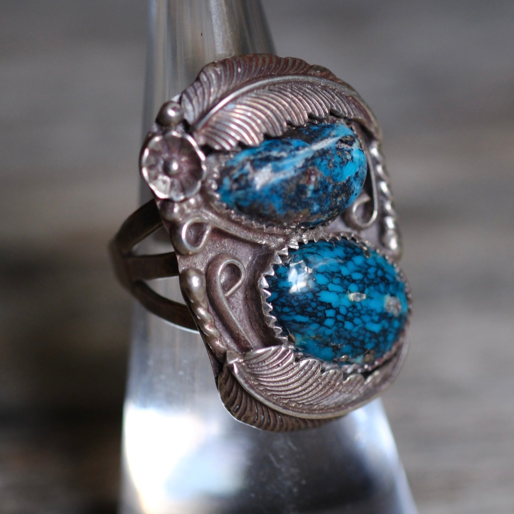 Vintage Sterling 2-Stone Matrix Turquoise Feather Ring 5.25