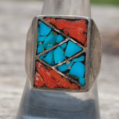 Vintage Sterling Turquoise and Coral Inlay Ring 8
