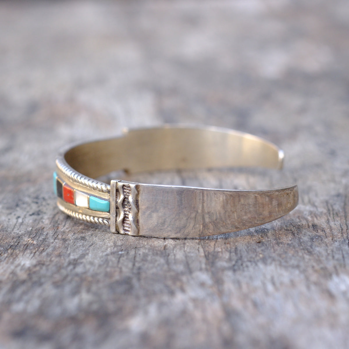 Vintage Sterling Multistone Inlay Cuff Bracelet