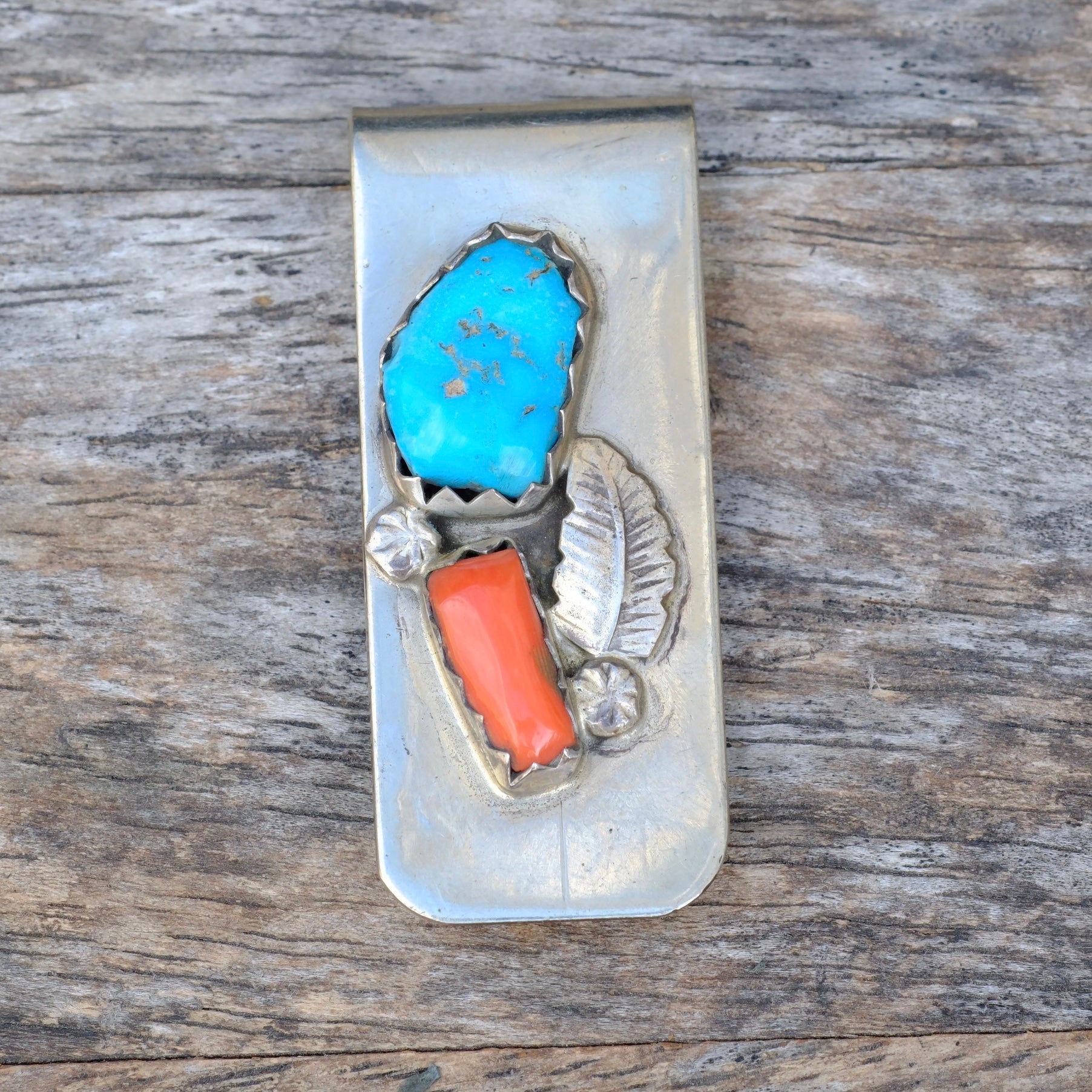 Vintage Turquoise and Coral Feather Money Clip