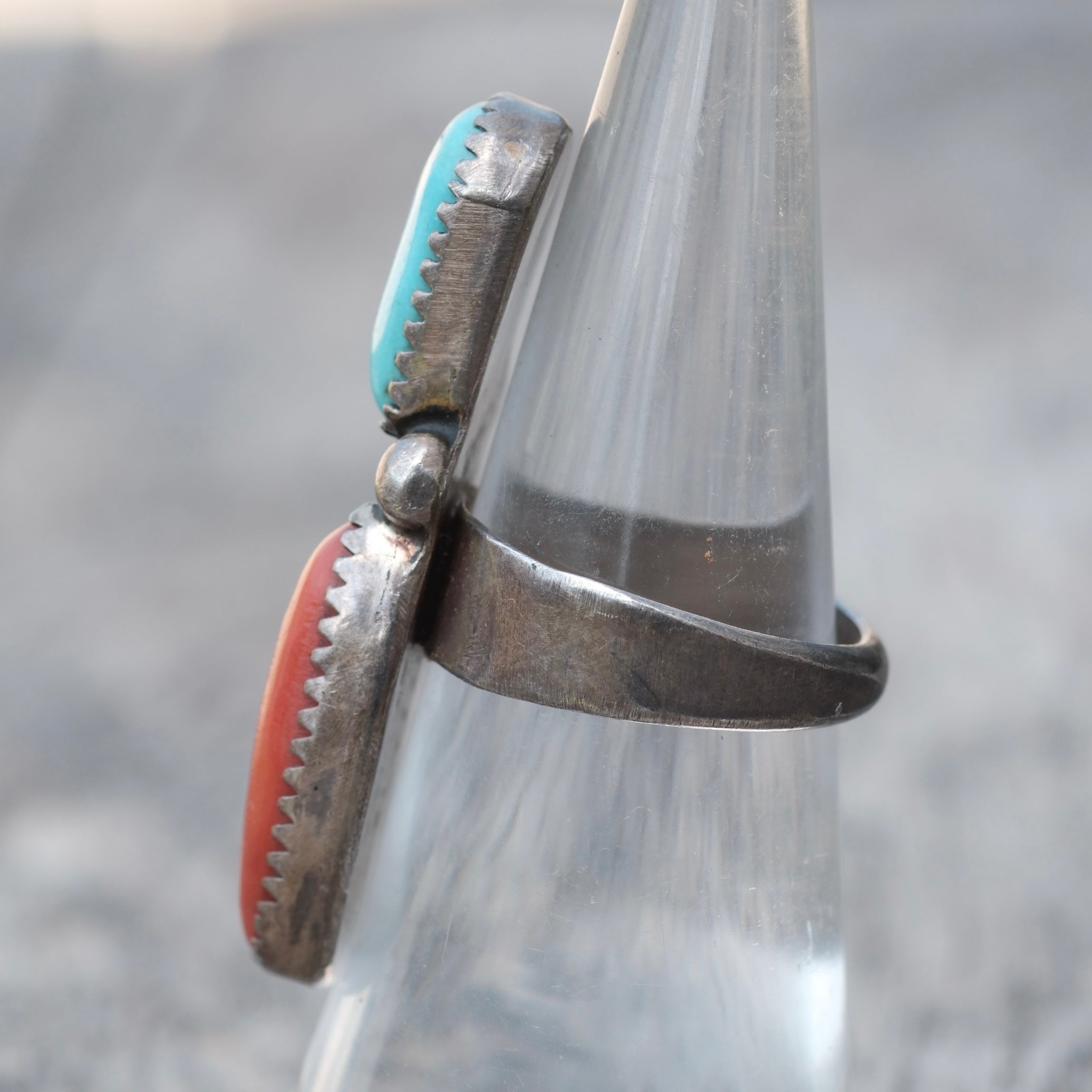 Vintage Sterling Turquoise and Coral Feather Ring 6