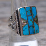 Vintage Sterling Turquoise and Abalone Inlay Panel Ring 9.5
