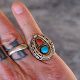Vintage Sterling Turquoise and Coral Horseshoe Ring 7.25