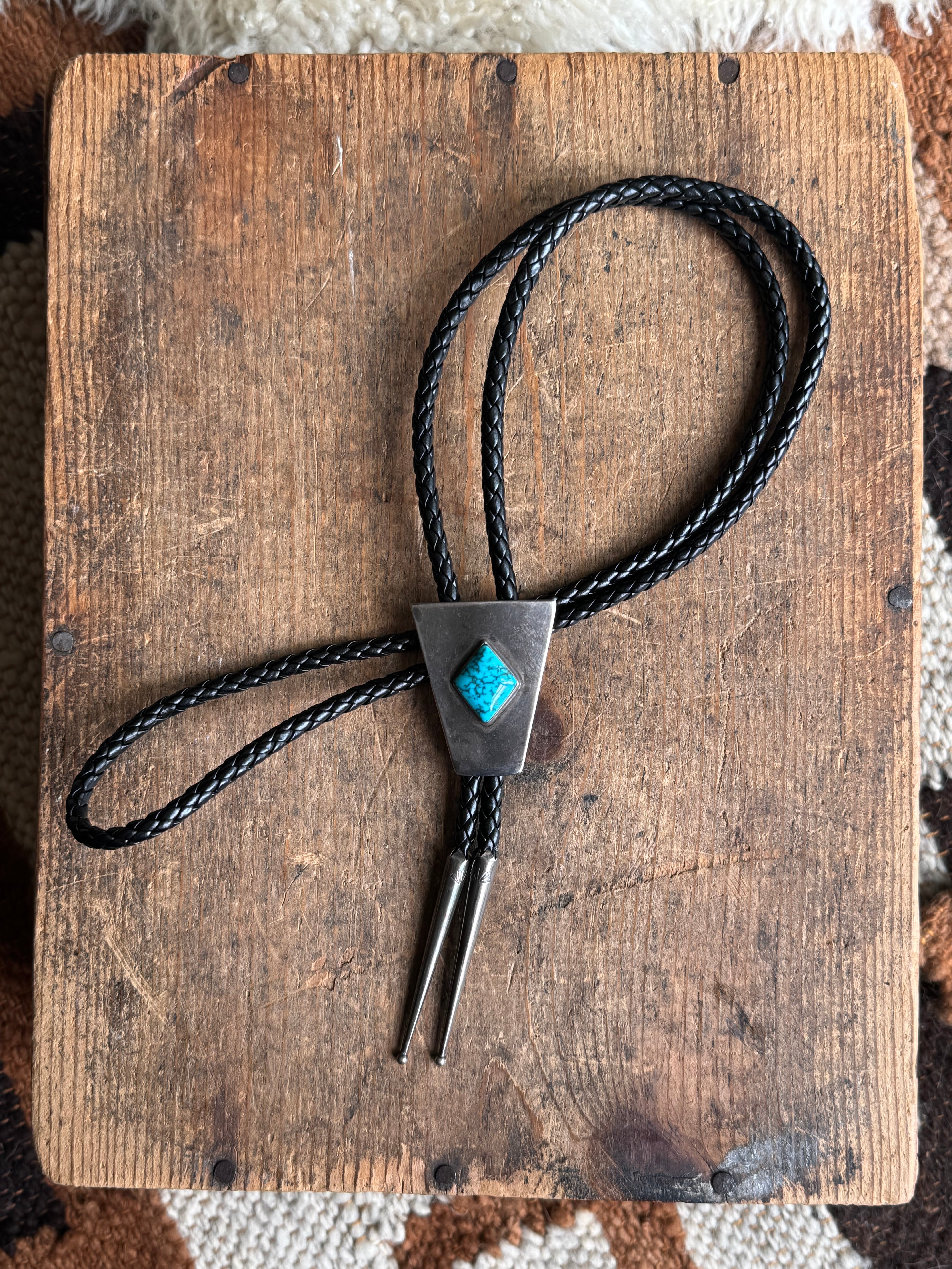 Vintage Sterling Silver Turquoise Shield Bolo Tie