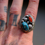 Vintage Sterling Turquoise and Coral Feather Ring 11.5