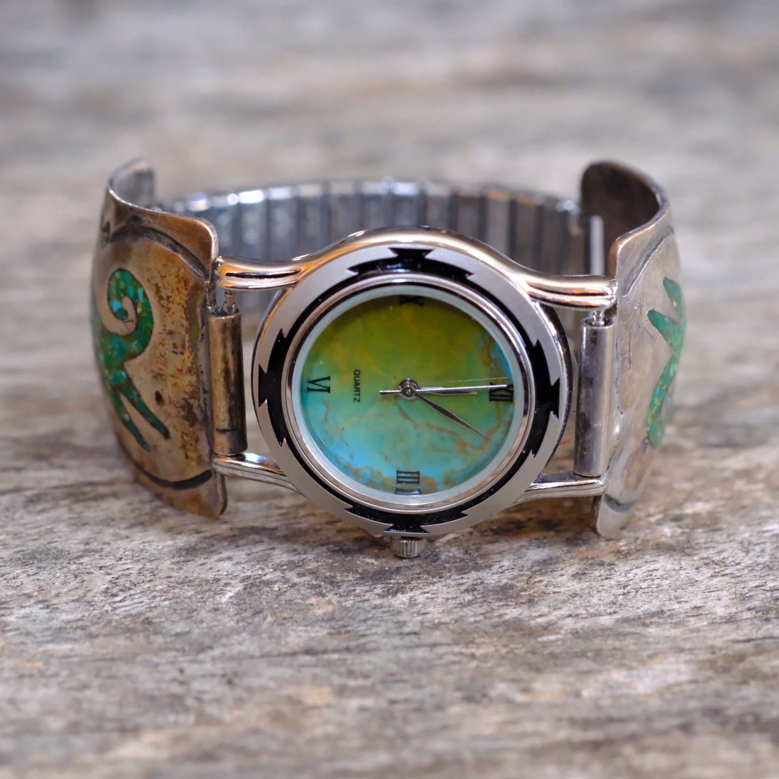 Vintage Sterling Crushed Turquoise Inlay Watch With Turquoise Dial