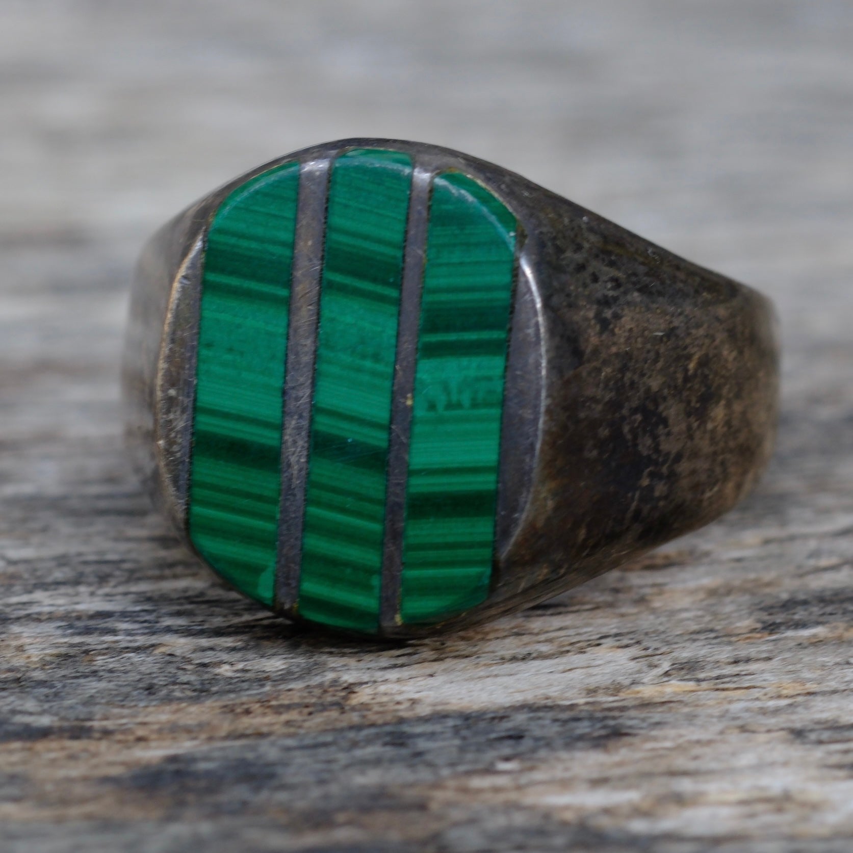 Vintage Sterling Malachite Inlay Striper Ring 13.25