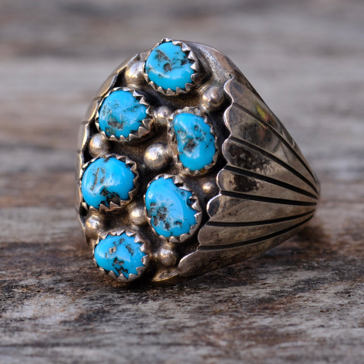 VintageSterling Turquoise Cluster Ribbed Band Ring 11
