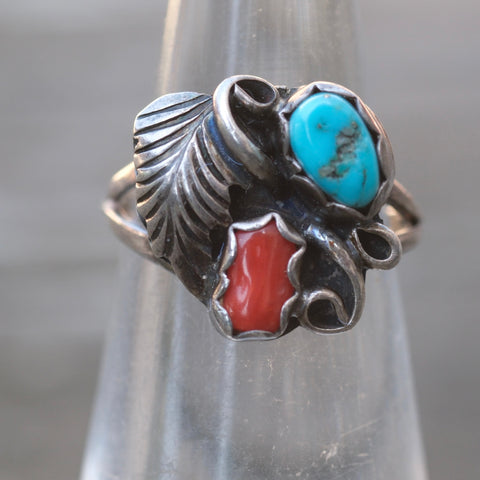 Vintage Sterling Turquoise and Coral Feather Ring 3.5