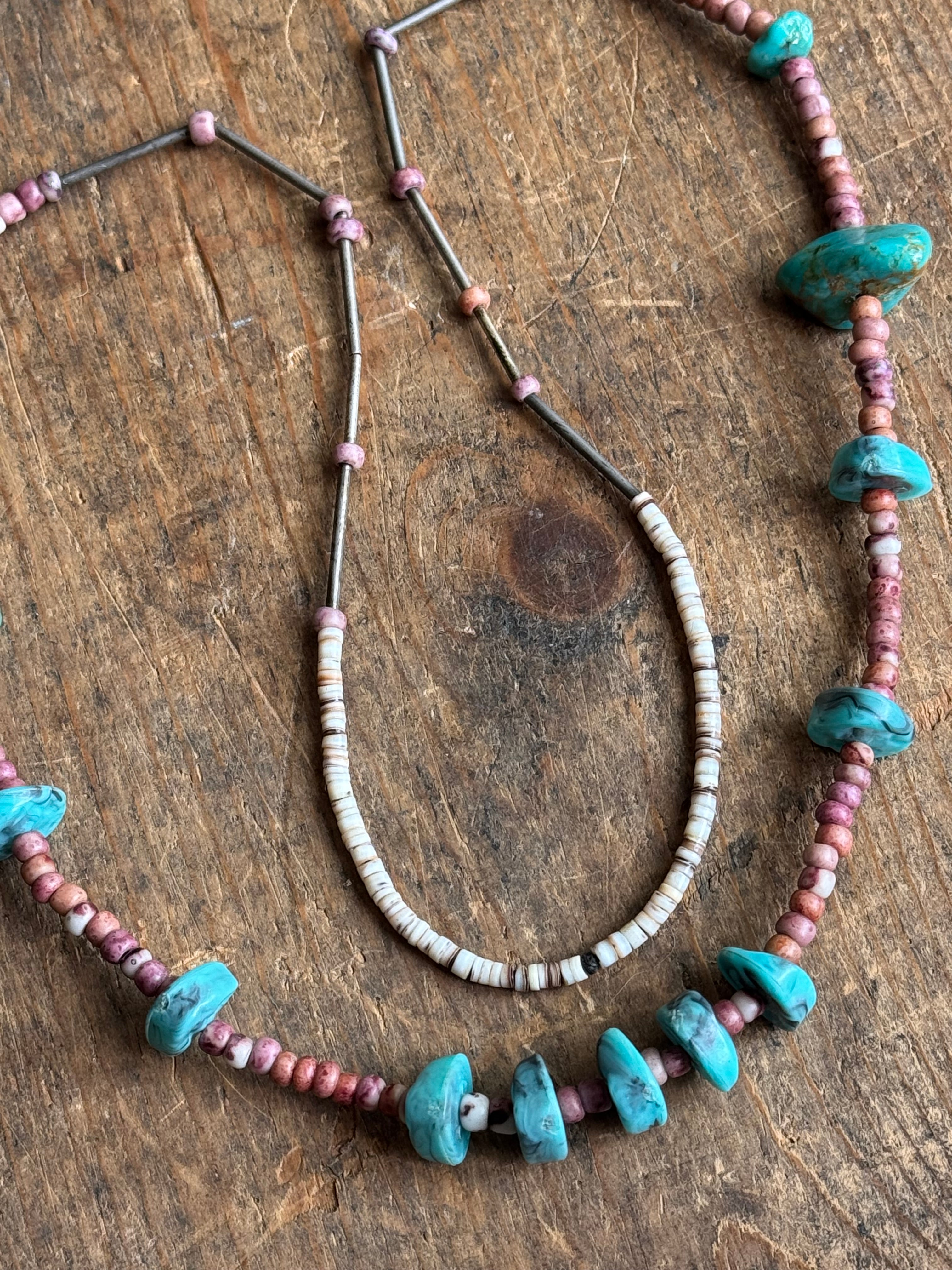Vintage Sterlings Silver Bead Raw Turquoise Coral & Shell Necklace
