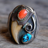 Vintage Sterling Turquoise and Coral Claw Ring 11.75