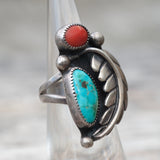 Vintage Sterling Turquoise and Coral Feather Ring 4.5
