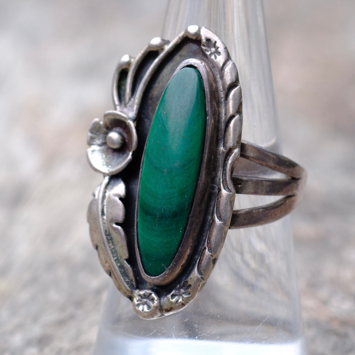 Vintage Sterling Malachite Feather Ring 7.5