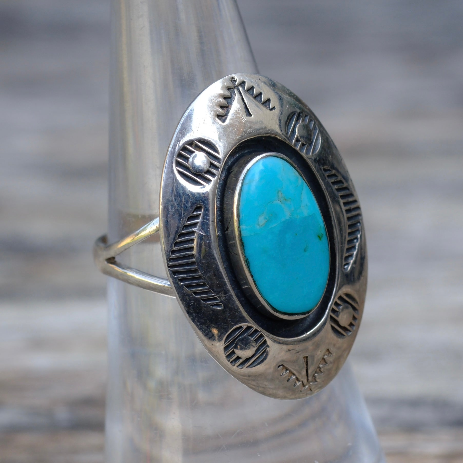 Vintage Sterling Turquoise Shadowbox Ring 6.5