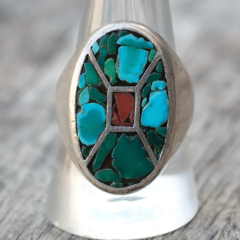 Vintage Sterling Turquoise and Coral Inlay Ring 10