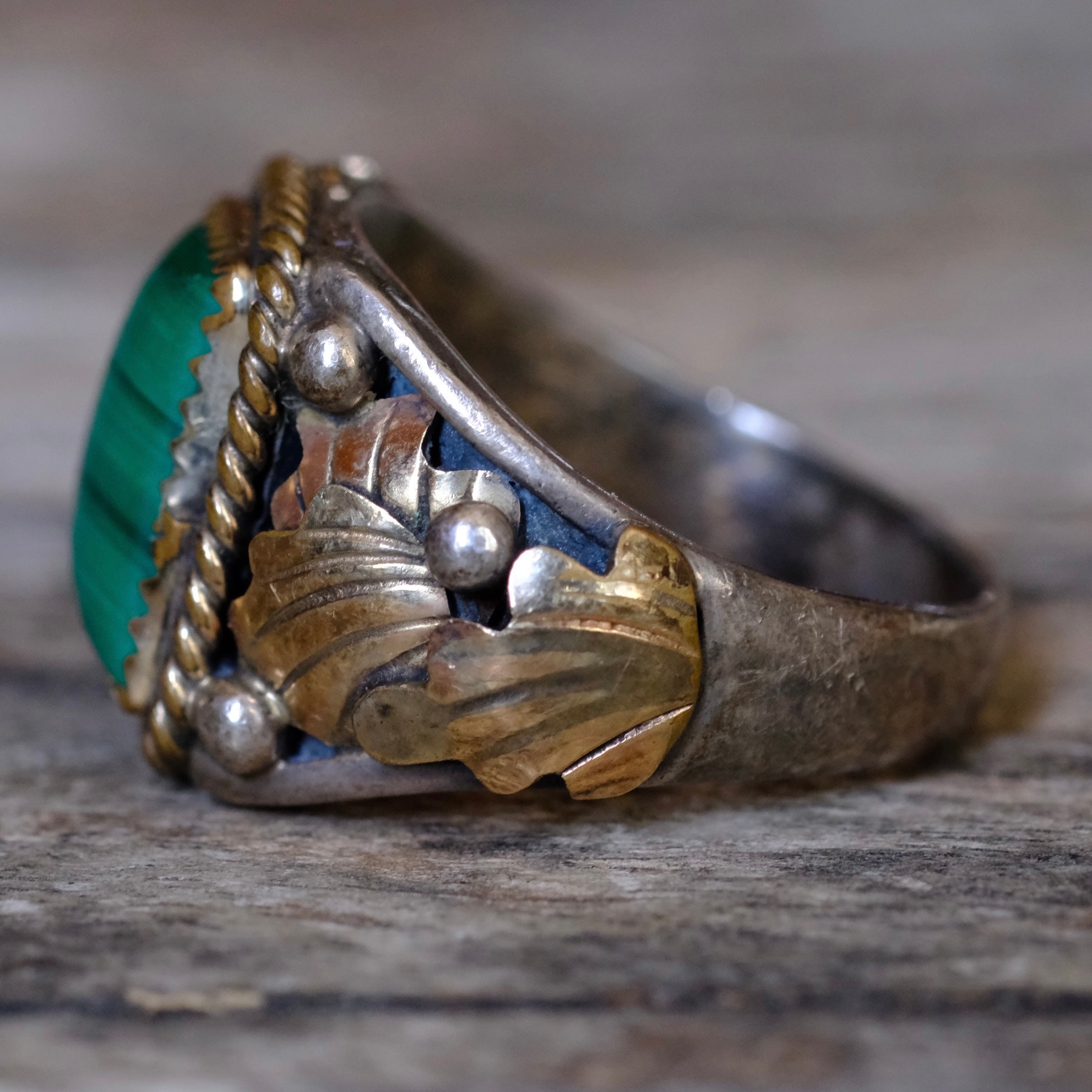 Vintage Sterling Malachite Feather Ring 11