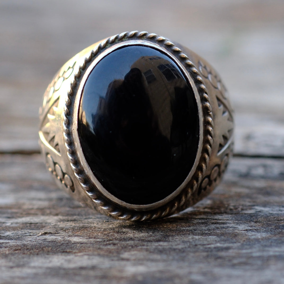 Vintage Sterling Onyx Stamped Band Ring 10.5