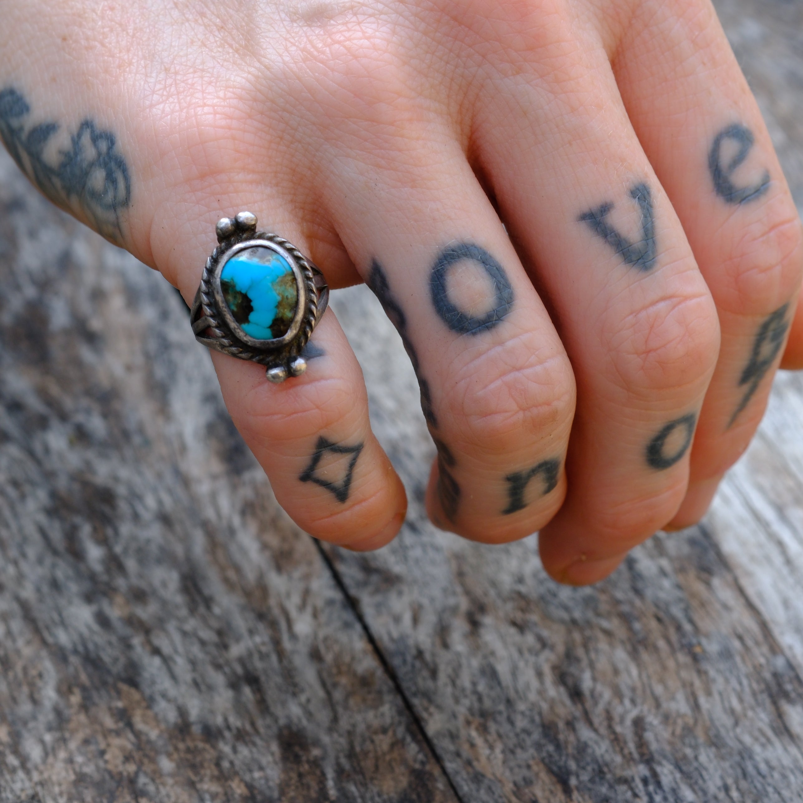 Vintage Sterling Turquoise Roper Ring 3.5