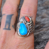 Vintage Sterling Turquoise and Coral Feather Ring 10