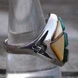 Vintage Sterling Malachite and Mother Of Pearl Inlay Ring 10.25