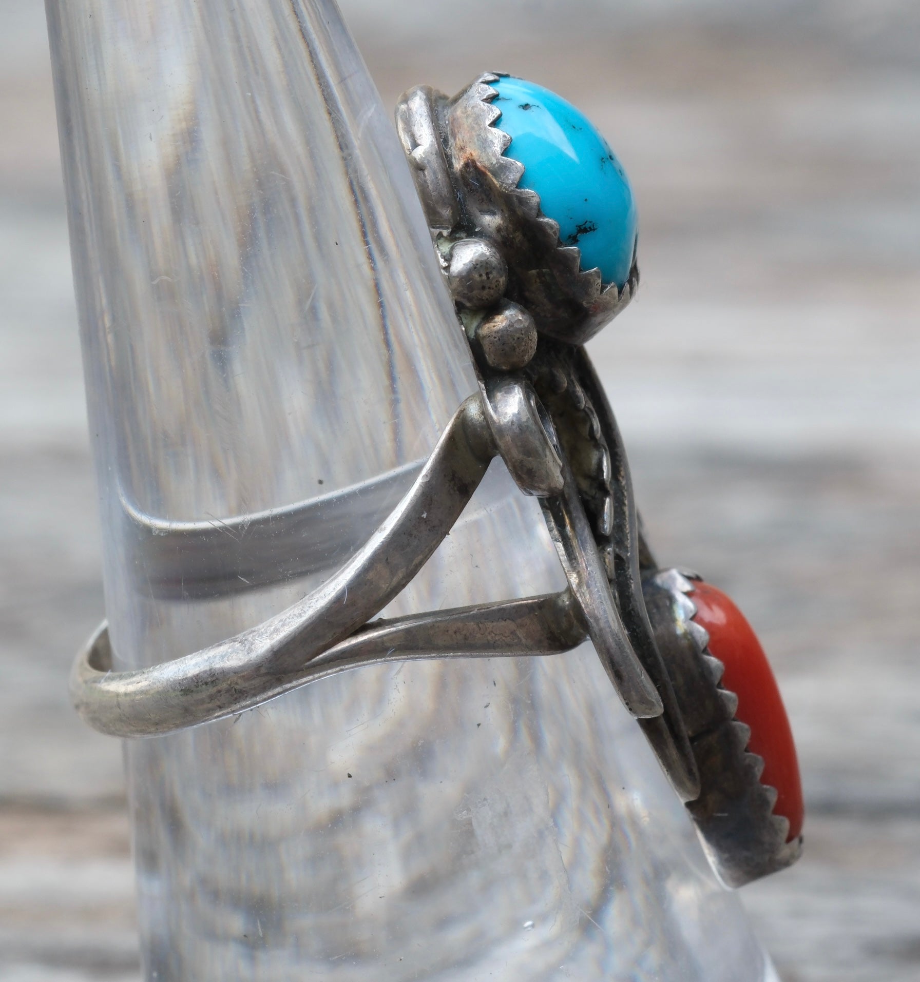 Vintage Sterling Turquoise and Coral Feather Ring 6.75