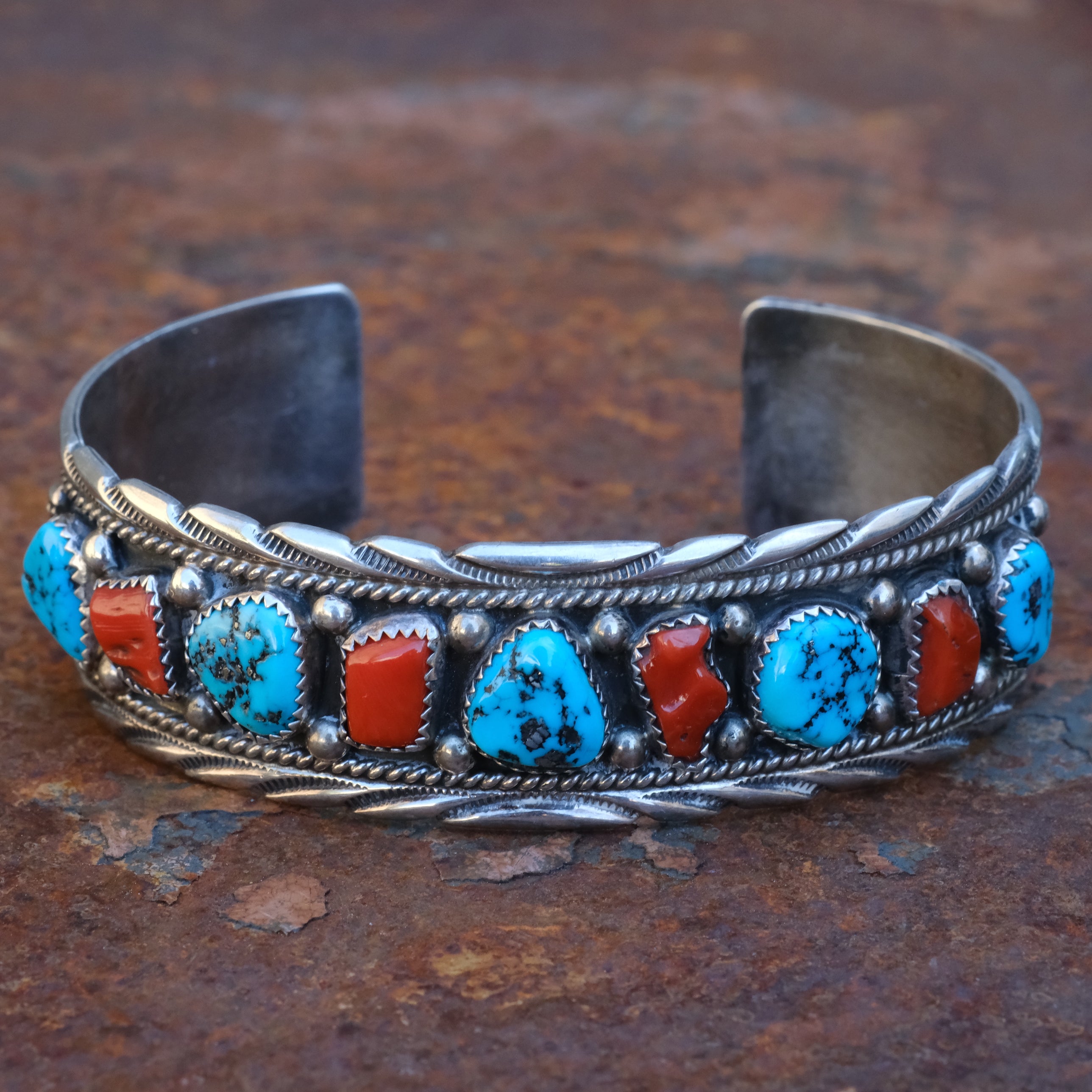 Large Vintage Sterling Turquoise and Coral Cuff Bracelet