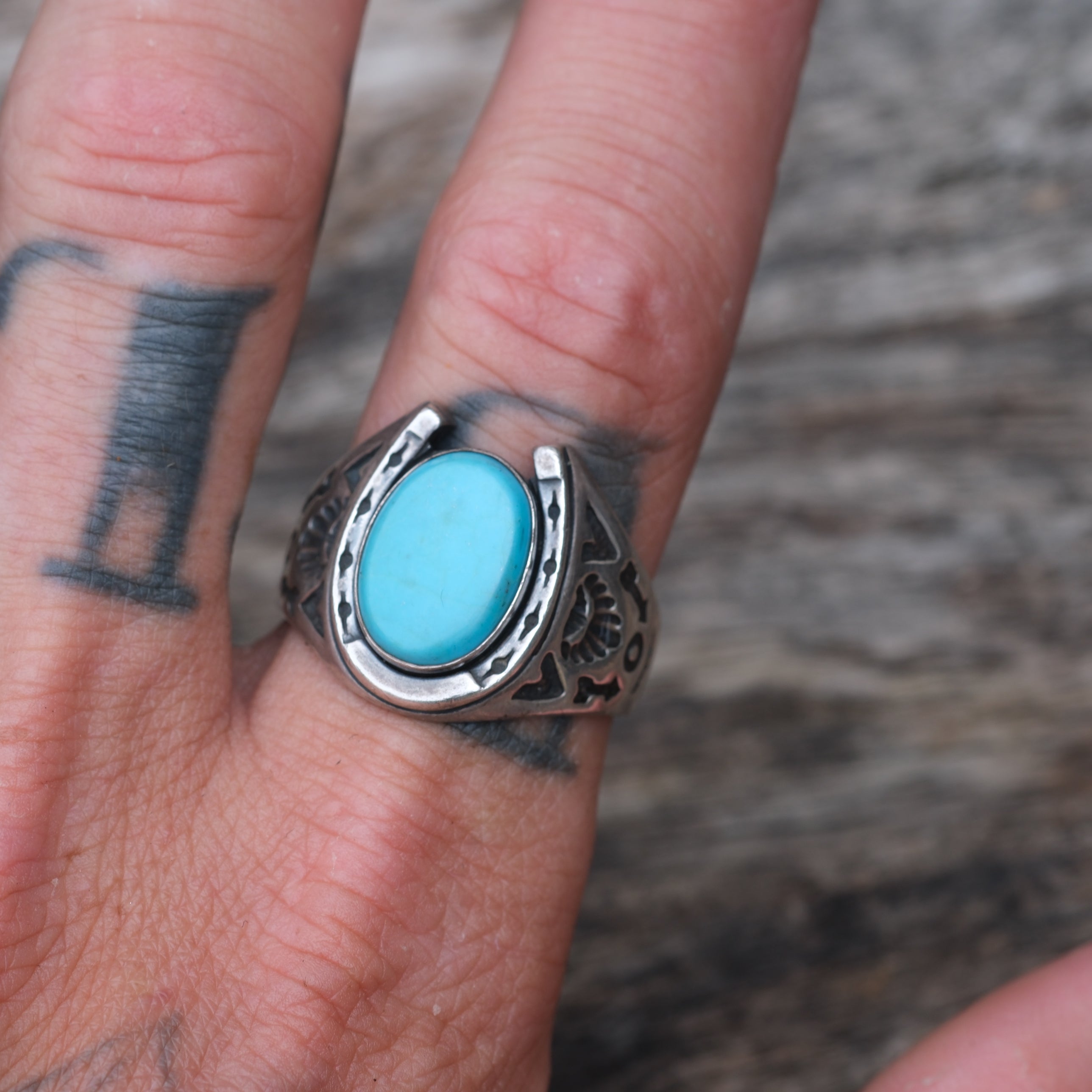 Vintage Sterling Turquoise Lucky Horseshoe Ring 11.5