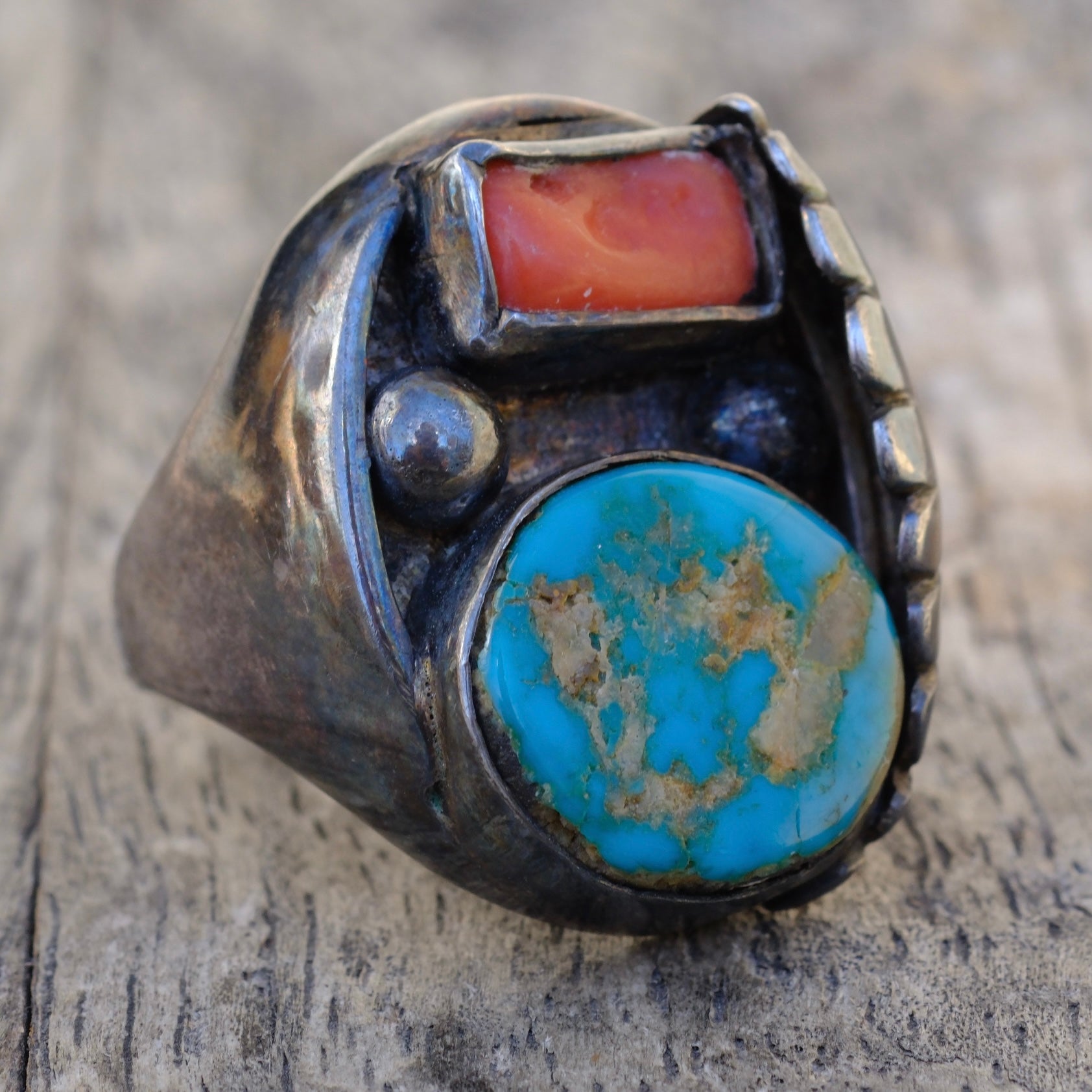 Vintage Sterling Turquoise and Coral Feather Ring 7.5