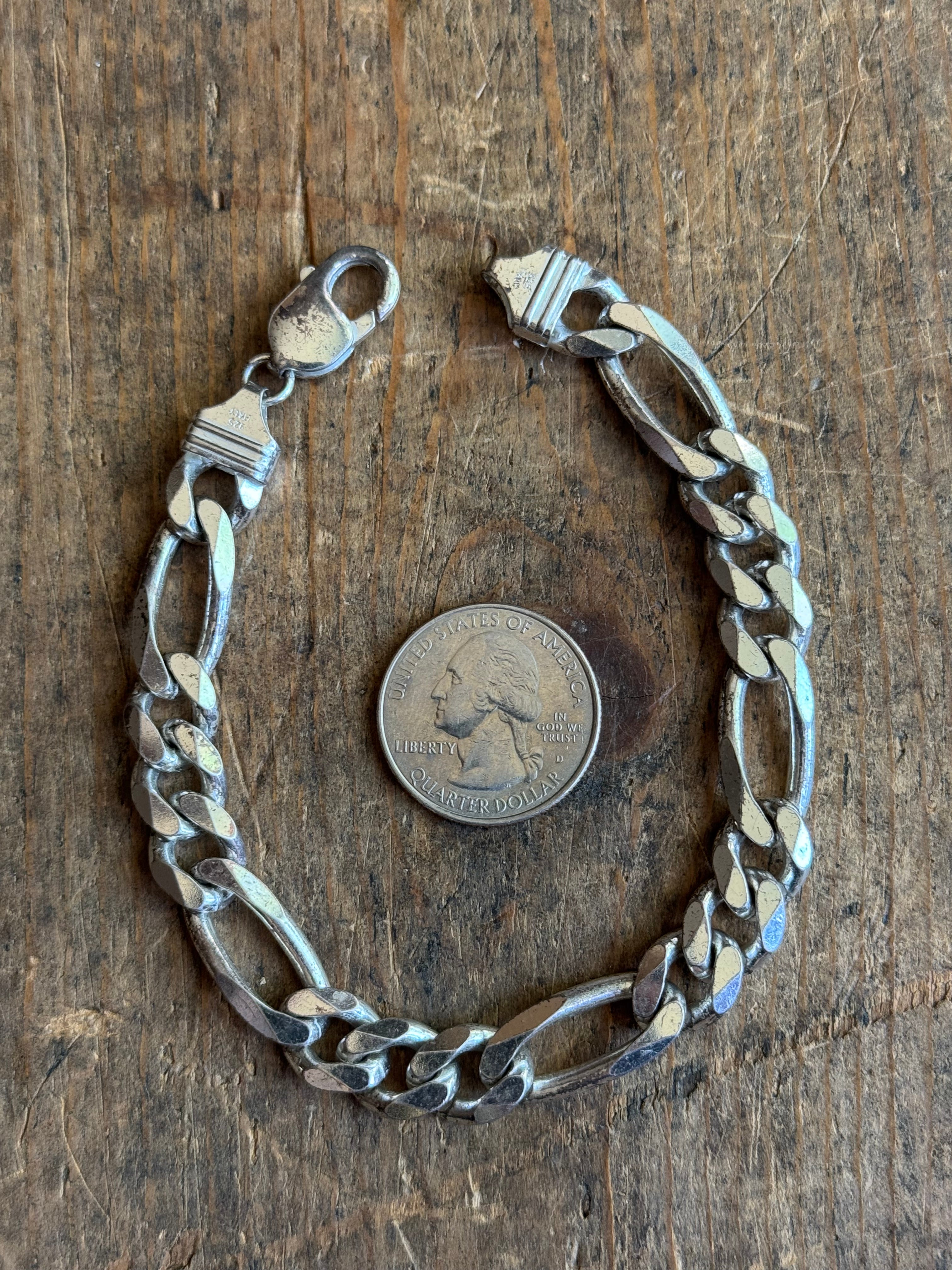 Vintage Sterling Silver Chunky Figaro Chain Bracelet 9"