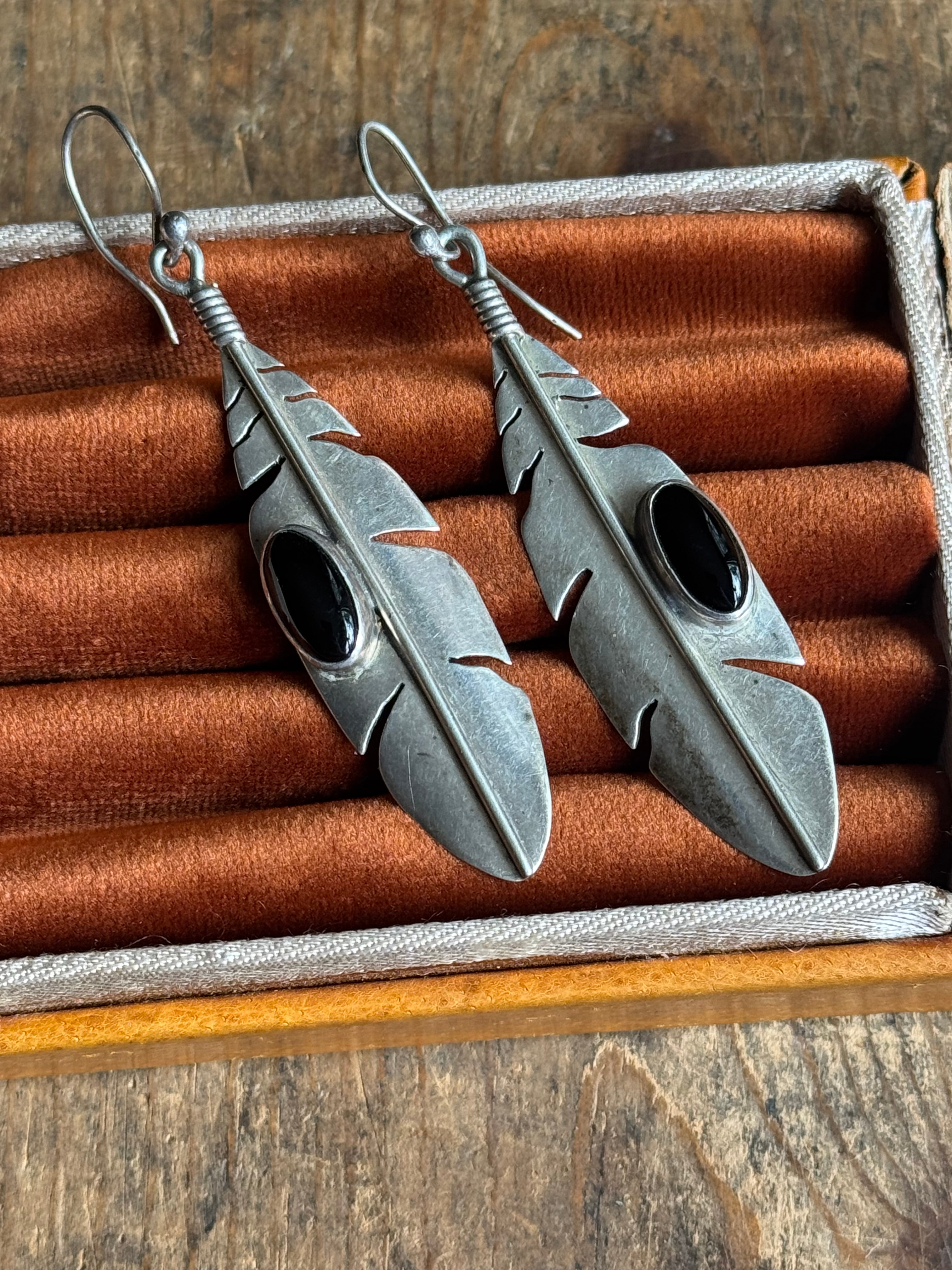 Vintage Sterling Silver Onyx Feather Earrings