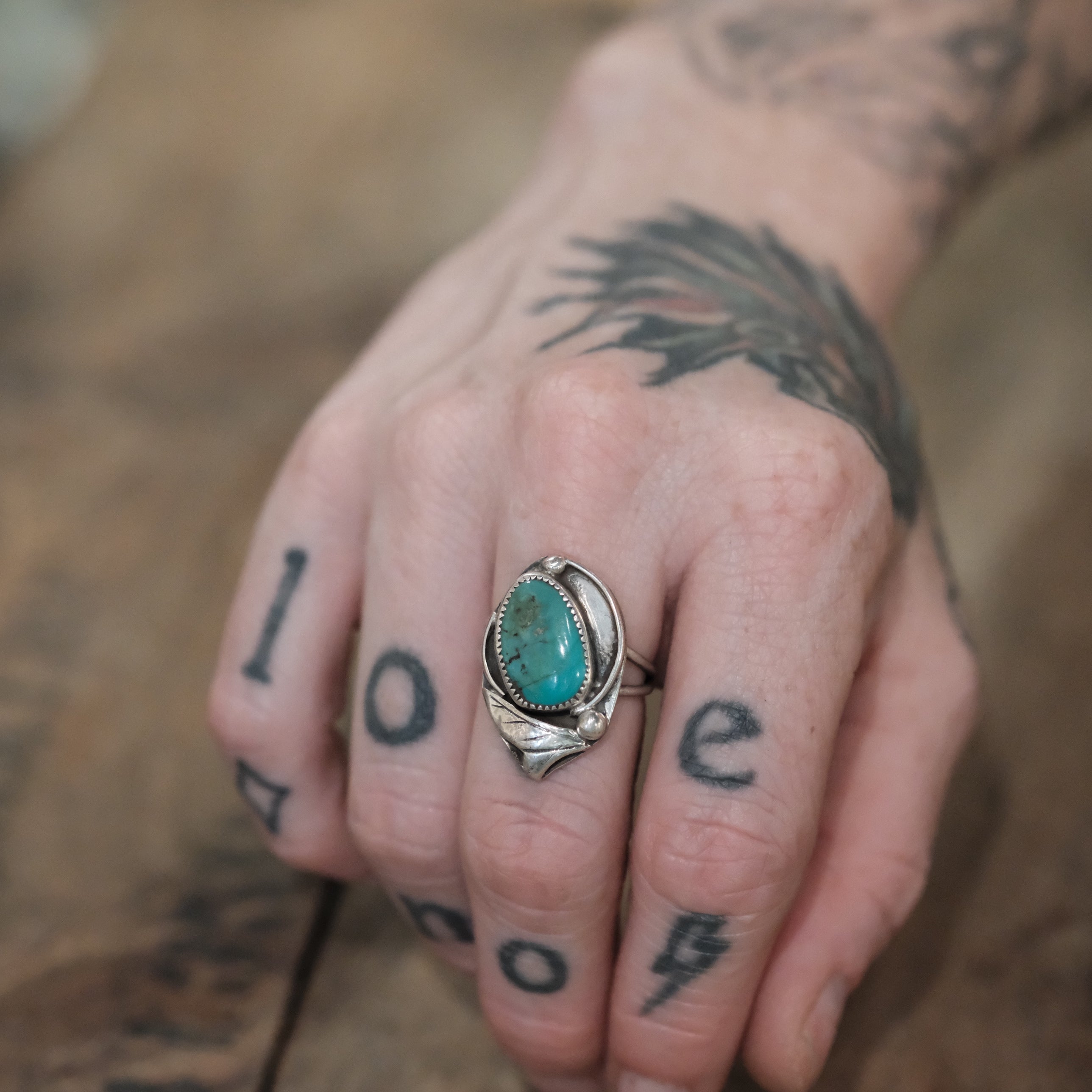 Vintage Sterling Turquoise Feather Ring 6.75