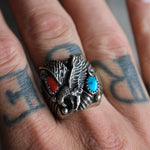 Vintage Sterling Turquoise and Coral Eagle Ring 11.75