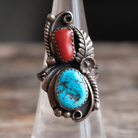 Vintage Sterling Turquoise and Coral Feather Ring 6.75