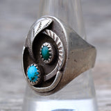 Vintage Sterling 2-Stone Turquoise Feather Ring 9.75