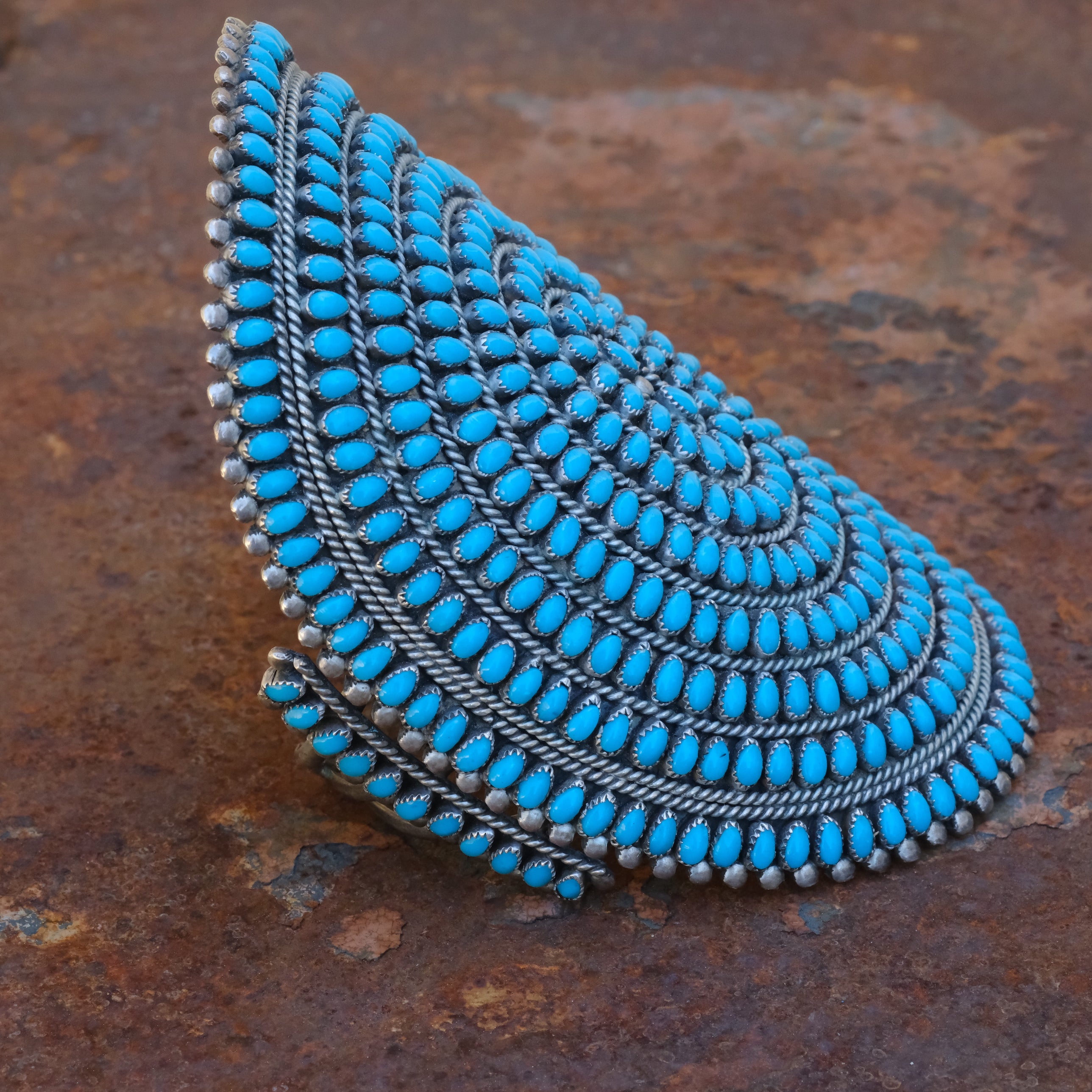 MASSIVE Vintage Sterling Turquoise Inlay Cluster Cuff Bracelet