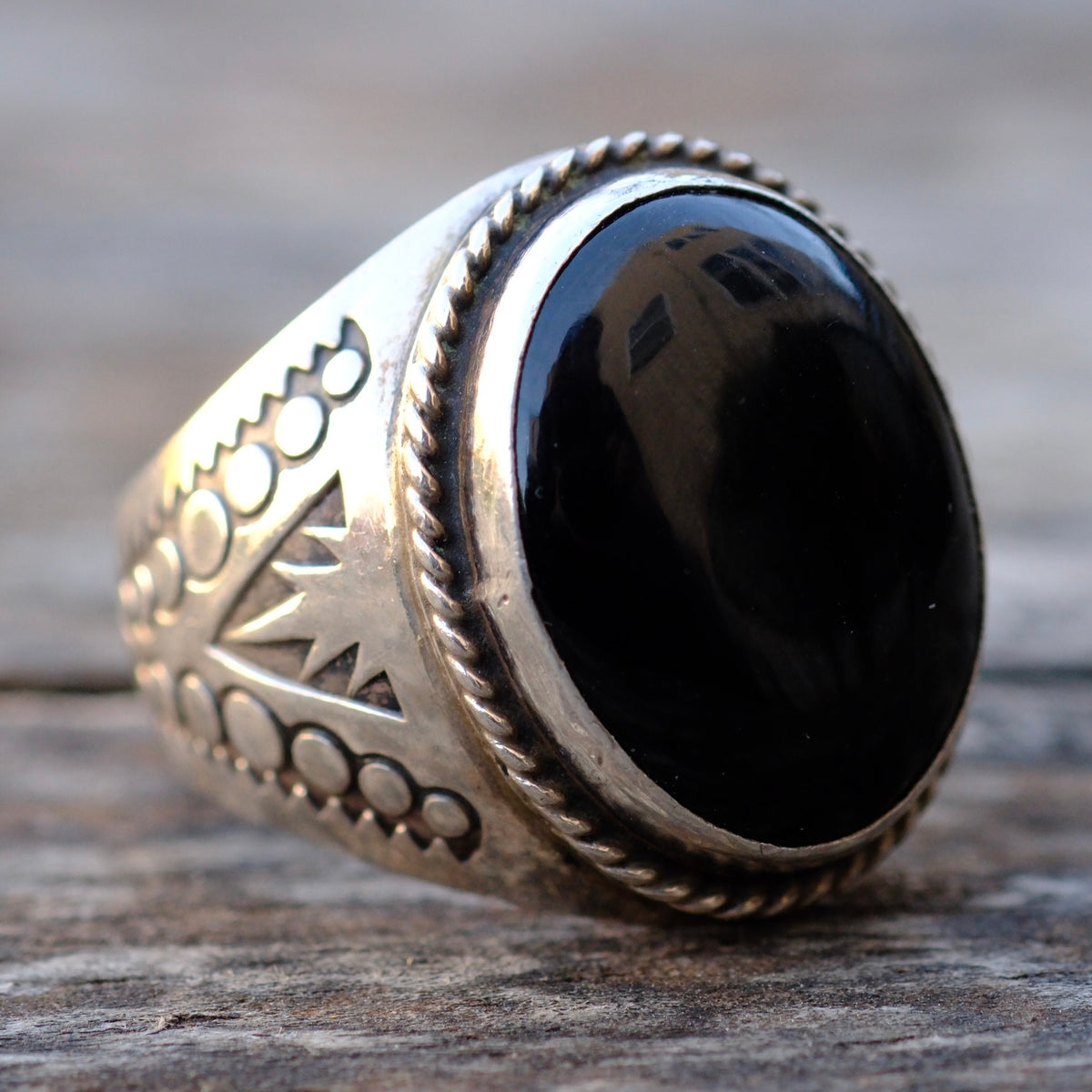 Vintage Sterling Onyx Stamped Band Ring 10.5