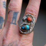 Vintage Sterling Turquoise and Coral Snake Ring 11