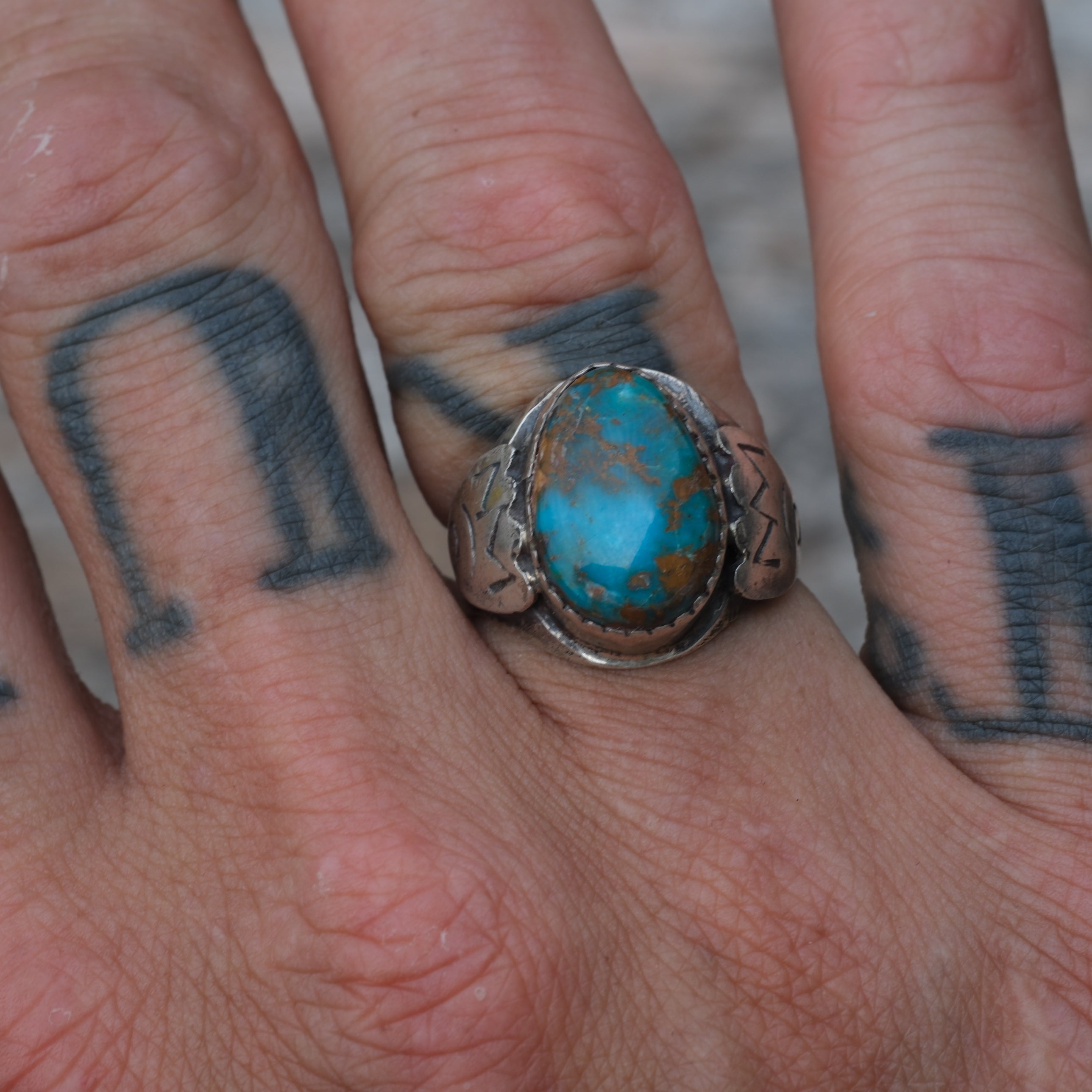 Vintage Sterling Turquoise Stamped Band Ring 6.25