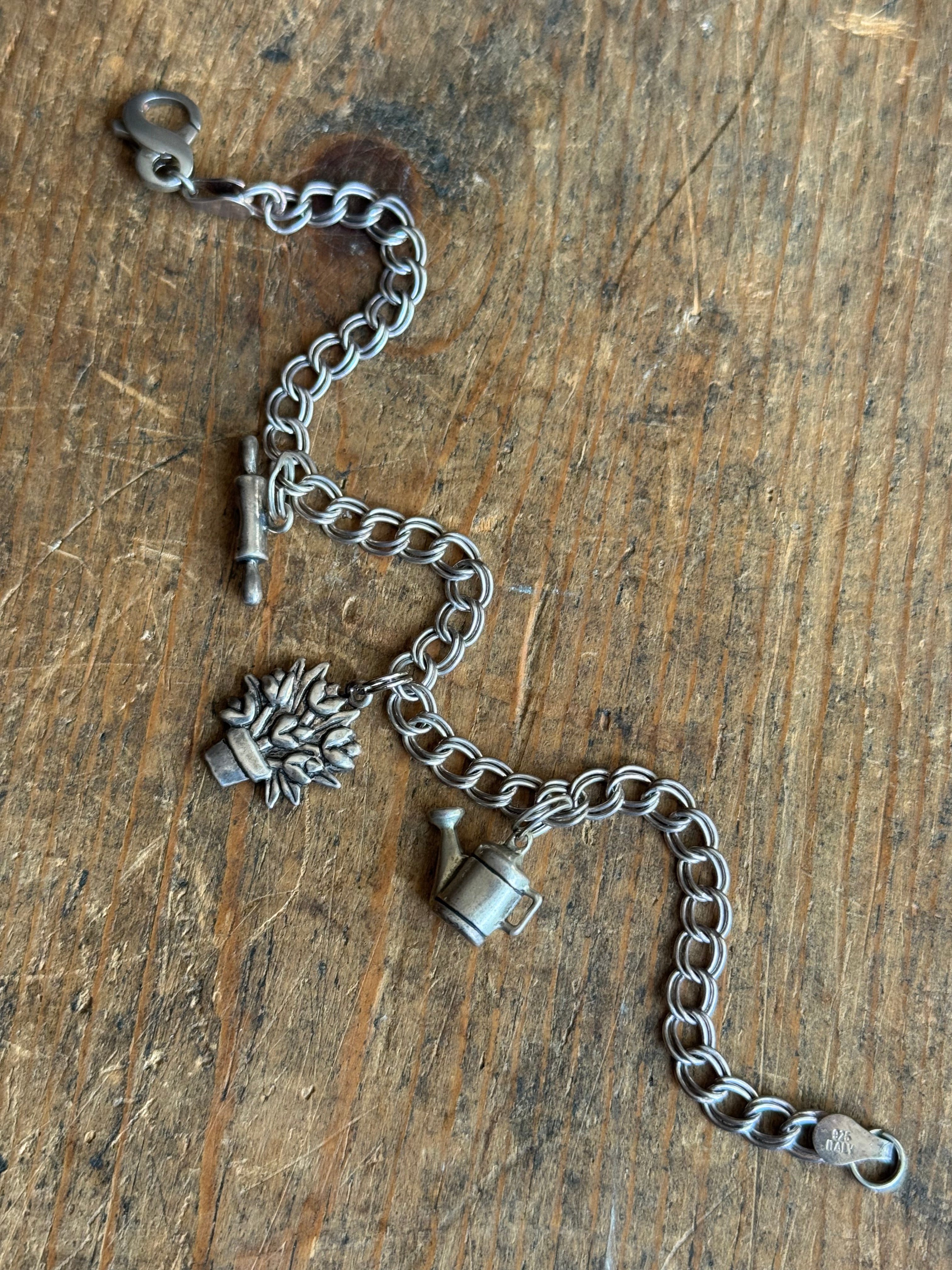 Vintage Sterling Silver 8” Double Link Chain Charm Bracelet