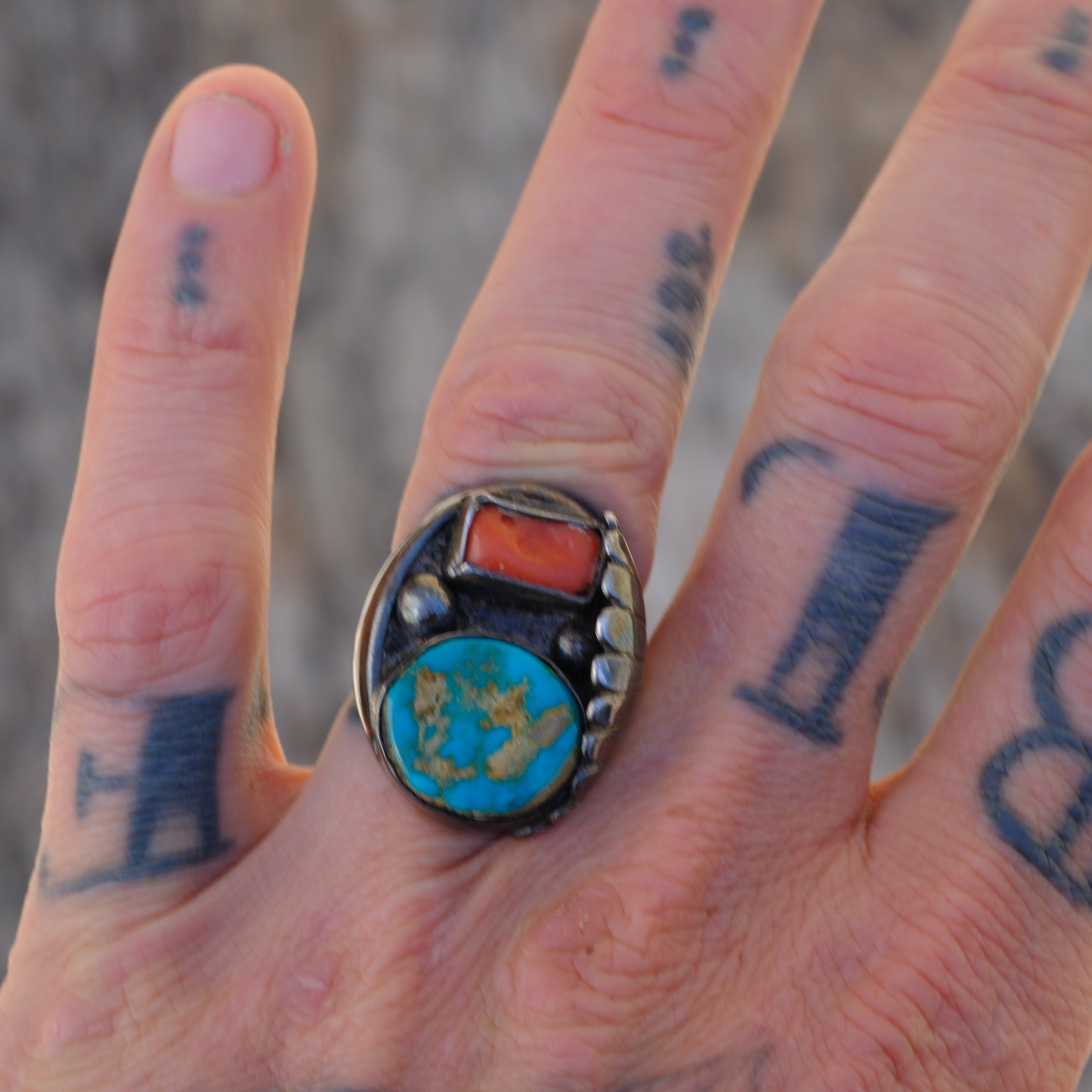 Vintage Sterling Turquoise and Coral Feather Ring 7.5